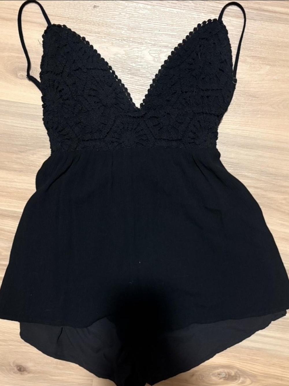 Love Tree Black Crochet Lace Romper with Spaghetti Straps